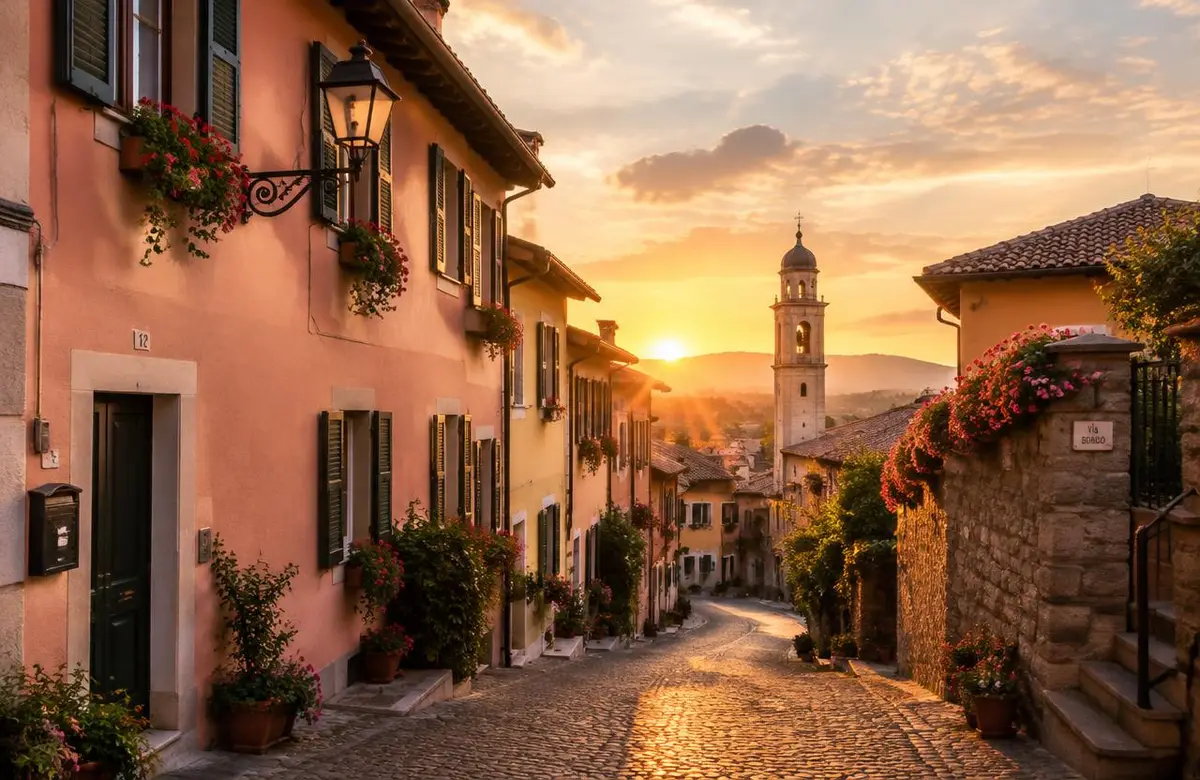 Cobblestone street in a charming small town at golden hour with a bell tower in the distance